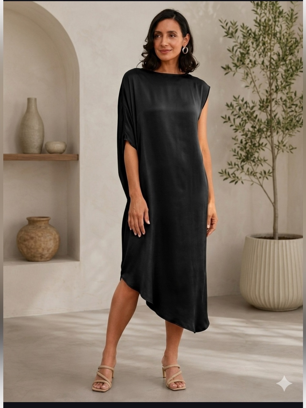 Carolina Tropez Asymmetrical Drop Shoulder Handmade Midi Black Dress M/L